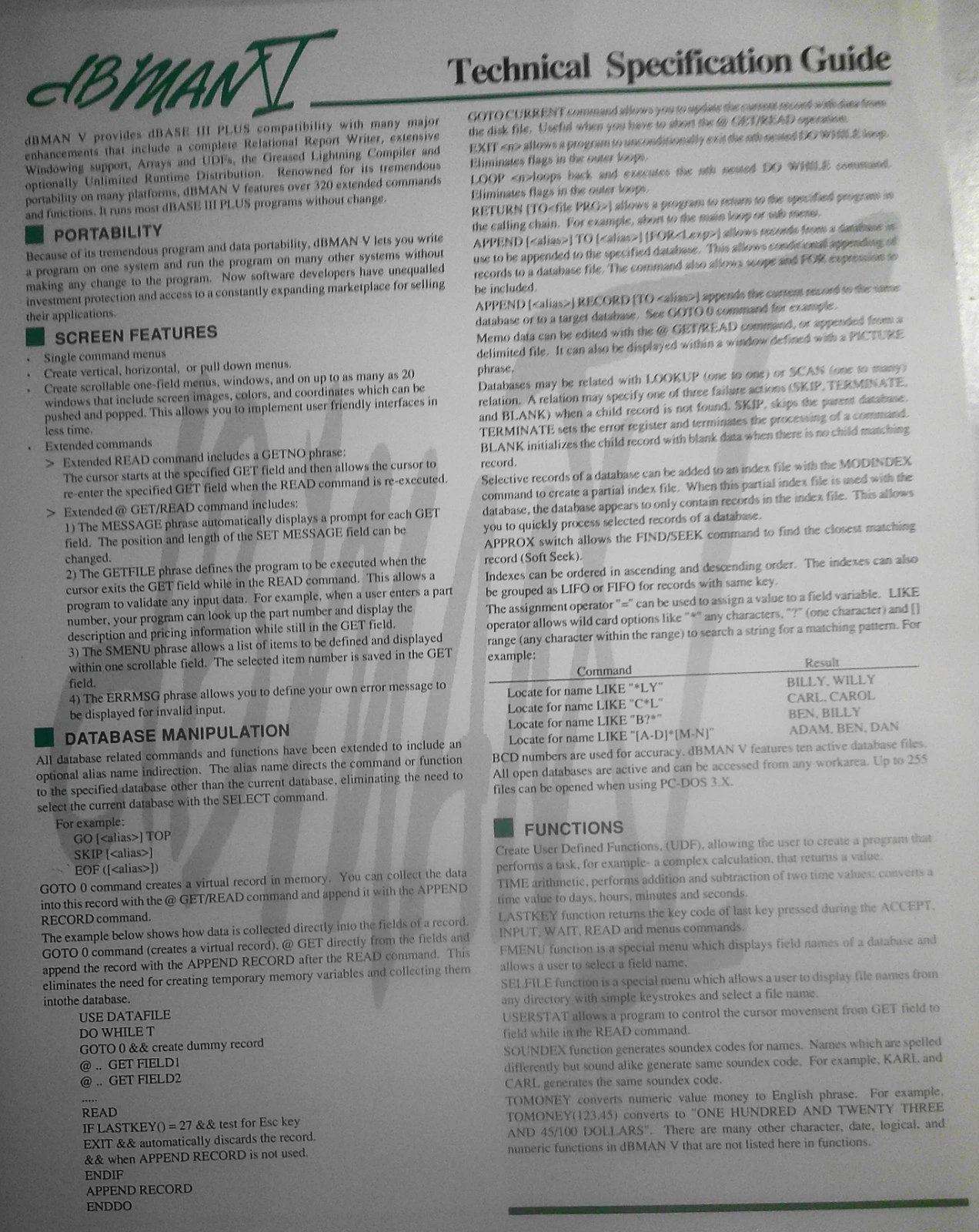 VersaSoft 1989 Technical Specifications Guide