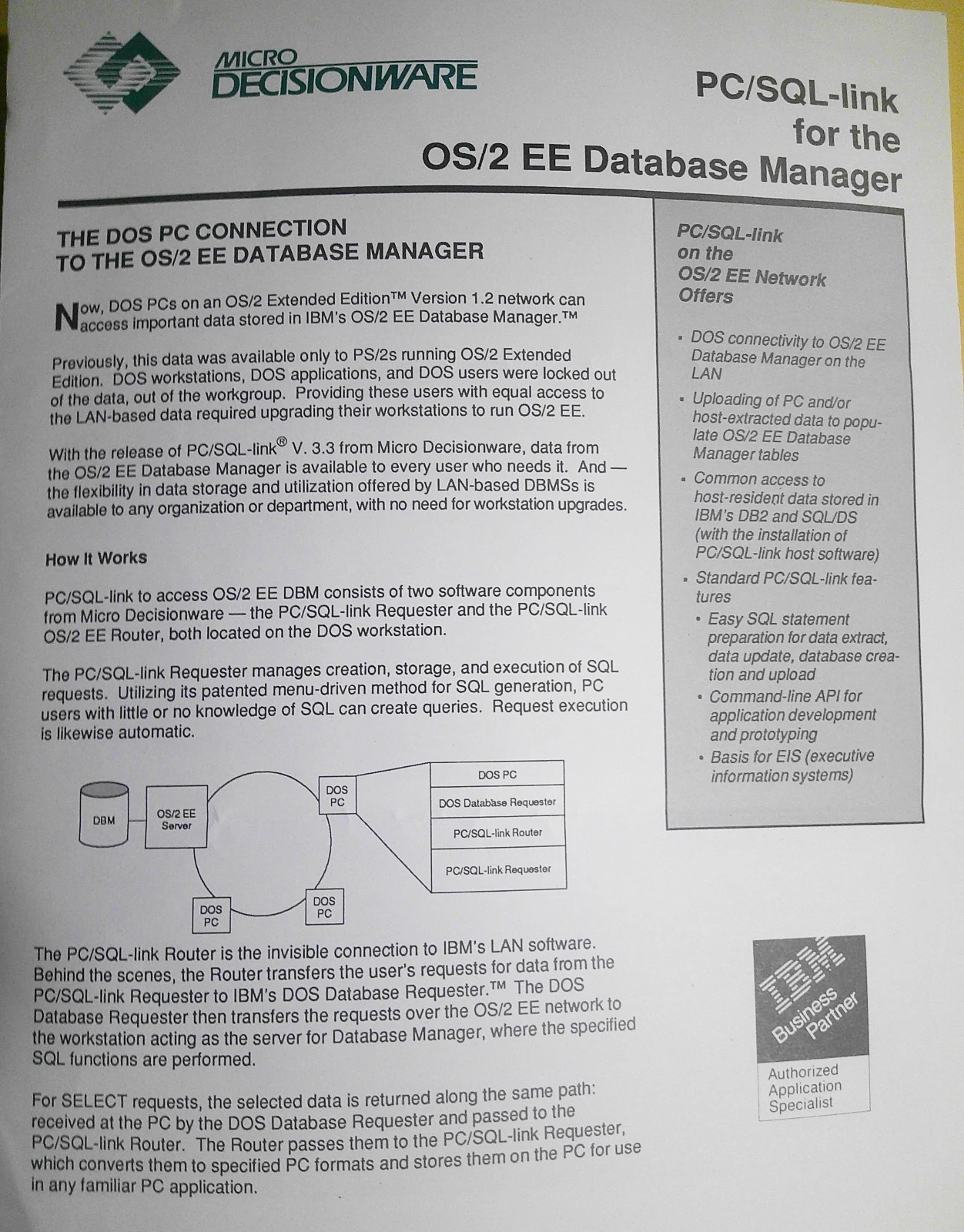 PC / SQL-Link pour le gestionnaire de base de données OS / 2 EE, Brochure